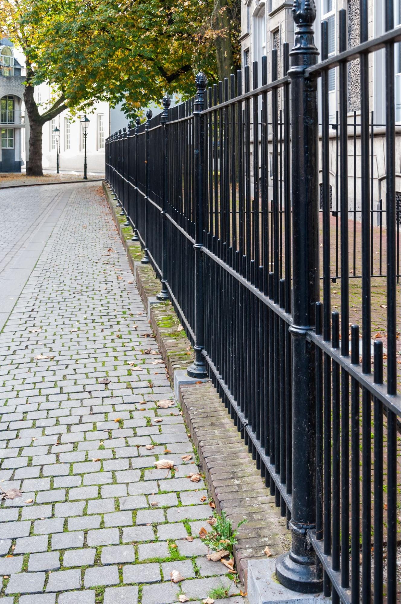 Ornamental steel picket fence lining a cobblestone walkway in Georgetown, TX